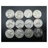 12 Silver Washington Quarters all 1950s