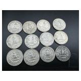 12 Silver Washington Quarters all 1950s