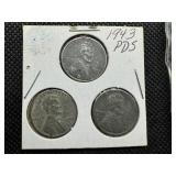 Nine 1943 Steel Cents:  6 Very High Grade 1943-Ps and a 3-coin 1943 PDS set.