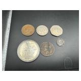 Six Good Quality Foreign Coins: 1900 GB 6 Pence, 1942 and 1943 Australia Kangaroo Large Cents, 1966 GB 2 Shilling "Florin", 1970 GB 50 Pence, and 2000 $5 Liberia Mayfower