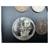 Six Good Quality Foreign Coins: 1900 GB 6 Pence, 1942 and 1943 Australia Kangaroo Large Cents, 1966 GB 2 Shilling "Florin", 1970 GB 50 Pence, and 2000 $5 Liberia Mayfower