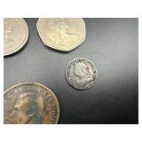Six Good Quality Foreign Coins: 1900 GB 6 Pence, 1942 and 1943 Australia Kangaroo Large Cents, 1966 GB 2 Shilling "Florin", 1970 GB 50 Pence, and 2000 $5 Liberia Mayfower