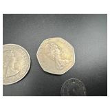 Six Good Quality Foreign Coins: 1900 GB 6 Pence, 1942 and 1943 Australia Kangaroo Large Cents, 1966 GB 2 Shilling "Florin", 1970 GB 50 Pence, and 2000 $5 Liberia Mayfower