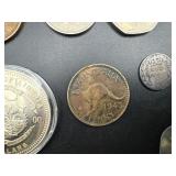 Six Good Quality Foreign Coins: 1900 GB 6 Pence, 1942 and 1943 Australia Kangaroo Large Cents, 1966 GB 2 Shilling "Florin", 1970 GB 50 Pence, and 2000 $5 Liberia Mayfower