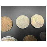 Six Good Quality Foreign Coins: 1900 GB 6 Pence, 1942 and 1943 Australia Kangaroo Large Cents, 1966 GB 2 Shilling "Florin", 1970 GB 50 Pence, and 2000 $5 Liberia Mayfower