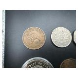 Six Good Quality Foreign Coins: 1900 GB 6 Pence, 1942 and 1943 Australia Kangaroo Large Cents, 1966 GB 2 Shilling "Florin", 1970 GB 50 Pence, and 2000 $5 Liberia Mayfower