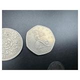 Six Good Quality Foreign Coins: 1900 GB 6 Pence, 1942 and 1943 Australia Kangaroo Large Cents, 1966 GB 2 Shilling "Florin", 1970 GB 50 Pence, and 2000 $5 Liberia Mayfower