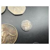 Six Good Quality Foreign Coins: 1900 GB 6 Pence, 1942 and 1943 Australia Kangaroo Large Cents, 1966 GB 2 Shilling "Florin", 1970 GB 50 Pence, and 2000 $5 Liberia Mayfower