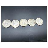 Five 40% Silver Kennedy Half Dollars: 1965, 1966, 1967, 1968, and 1969