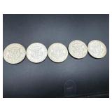 Five 40% Silver Kennedy Half Dollars: 1965, 1966, 1967, 1968, and 1969