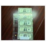 Five 1957 B Blue Seal Silver Certificates