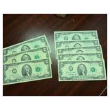 Eight Uncirculated 1976 $2.00 Bills (5 Consecutively Serial Numbered)