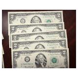 Eight Uncirculated 1976 $2.00 Bills (5 Consecutively Serial Numbered)