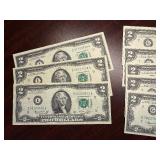 Eight Uncirculated 1976 $2.00 Bills (5 Consecutively Serial Numbered)