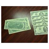 Eight Uncirculated 1976 $2.00 Bills (5 Consecutively Serial Numbered)