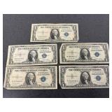 5 $1.00 Silver Certificates