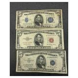 3 $5.00 Silver Certificates