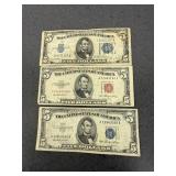 3 $5.00 Silver Certificates