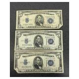 3 $5.00 Silver Certificates