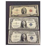 2 $1.00 & 1 $2.00 Silver Certificates