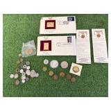 Mixed Lot - Tokens, Foreign Coins, Novelty Pennies, Stamps