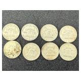 8 Franklin Half Dollars - Mixed Years