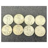 8 Mixed Years Walking Liberty Half Dollars
