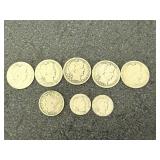 5 Barber Quarters, 2 Barber Dimes & 1 Liberty Head Nickle