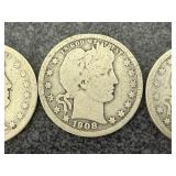 5 Barber Quarters, 2 Barber Dimes & 1 Liberty Head Nickle