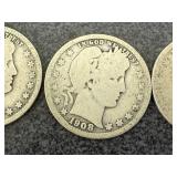 5 Barber Quarters, 2 Barber Dimes & 1 Liberty Head Nickle