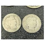 5 Barber Quarters, 2 Barber Dimes & 1 Liberty Head Nickle