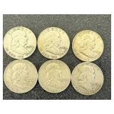 6 Franklin Half Dollars Mixed Years