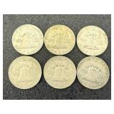 6 Franklin Half Dollars Mixed Years