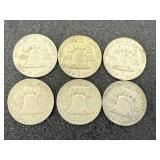 6 Franklin Half Dollars Mixed Years