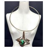 Vintage Brutalist Style Sterling Silver and Malachite Necklace