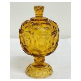 Vintage LE Smith Moon & Stars Amber Glass Pedestal Compote Covered Candy Dish