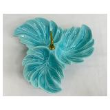 USA Pottery Mid-Century Turquoise Aqua Vintage Divided Condiment Leaf Dish Bowl