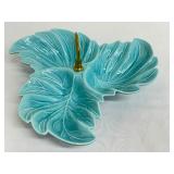 USA Pottery Mid-Century Turquoise Aqua Vintage Divided Condiment Leaf Dish Bowl