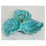 USA Pottery Mid-Century Turquoise Aqua Vintage Divided Condiment Leaf Dish Bowl