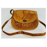 Vintage Hand Tooled Floral Brown Leather Clutch Handbag
