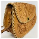 Vintage Hand Tooled Floral Brown Leather Clutch Handbag