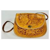 Vintage Hand Tooled Floral Brown Leather Clutch Handbag