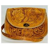 Vintage Hand Tooled Floral Brown Leather Clutch Handbag
