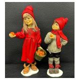 Two Vintage Norwegian Figurines by Candy Designs including Vintage Norway Candy Design Girl Figurine Basket of Apples 10” Carl Larsson