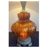 Pair of Mid Century 3 Way Amber Glass Lamps Hollywood Regency
