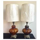 Pair of Mid Century 3 Way Amber Glass Lamps Hollywood Regency