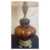 Pair of Mid Century 3 Way Amber Glass Lamps Hollywood Regency