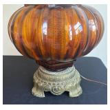 Pair of Mid Century 3 Way Amber Glass Lamps Hollywood Regency