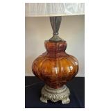 Pair of Mid Century 3 Way Amber Glass Lamps Hollywood Regency