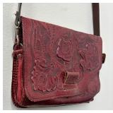 Vintage Western Red Hand Tooled Leather Reversible Handbag / Clutch Purse